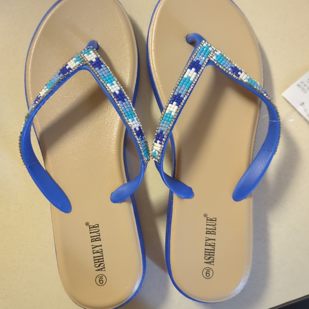 Ashley Blue Beaded Sandals - Blue and Tan
